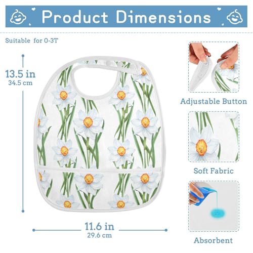 MCHIVER Flower Leaves White Baby Bibs for tag1 Waterproof Feeding Bib Apron with Food Cather Adjustable Cotton Food Eating Bib 2 Pack2