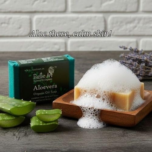 Image of Rustic Art Organic Aloe Vera Soap | Almond, Jojoba, Vitamin E | Dry to Normal Skin | | Coldprocessed | Hydrating | For Women & Men | 100g | Moisturizing