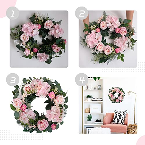 Bibelot Artificial Pink Rose Wreath 20 Inches Front Door Wreath With Hydrangea Green Leaves Wreath Artificial Spring Wreath Valentines Mother's Day Wreath For Wall Wedding Party Home Decor (Pink) #TOP4