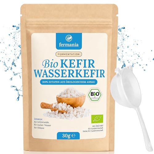 fermania Bio Wasserkefir Kristalle 30g inkl. Sieb, Geling-Garantie & Fermentations-Guide - Probiotischen Kefir kinderleicht selber machen (unbegrenzt) - Lebende Japankristalle aus Lippstadt