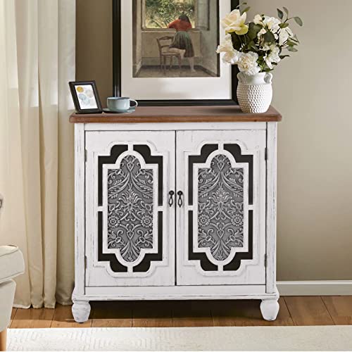 MAISON ARTS Accent Cabinet with 2 Doors, Farmhouse Decorative Storage Cabinet with Solid Wood Frame & Legs for Living Room Entryway Small Sideboard Buffet Cabinet, Metal Embossing Pattern