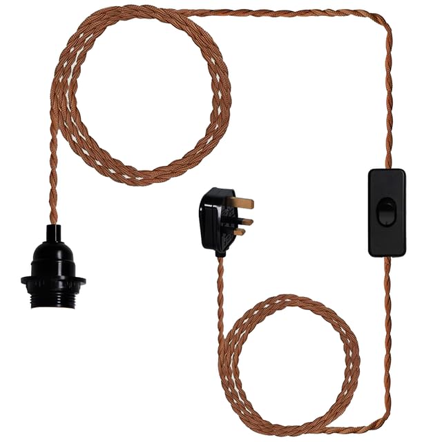 ktjes Plug in Hanging Pendant light, 4.5m brown Twisted braided Wire ceiling lighting fitting E27 Lamp Holder with UK Plug & On/Off Switch