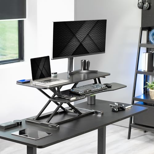 Image of VIVO 42 inch Desk Converter, K Series, Height Adjustable Sit to Stand Riser, Dual Monitor and Laptop Workstation with Wide Keyboard Tray, Black Carbon Fiber Top, Black Frame, DESK-V042KR