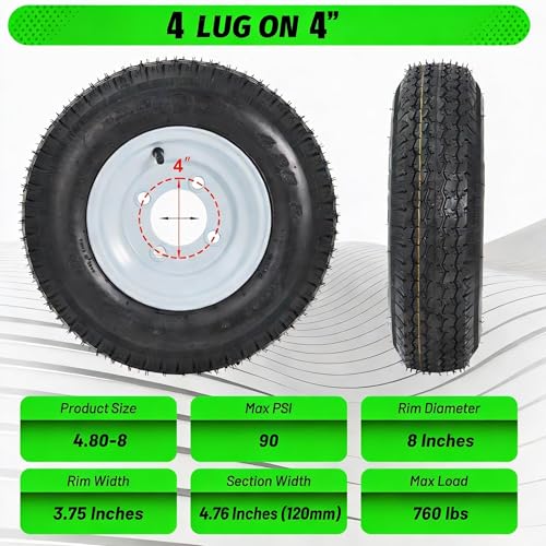 Image of 4.80-8 4.80x8 480-8 4.80-8 Trailer Tires with 8'' Rims, 4 Lug on 4'', Load Range C, 6PR