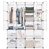LANGRIA 20-Cube DIY Modular Cubby Shelving Storage Organizer Extra Large Wardrobe with Clothes Rod, Furniture for Clothes (Transparent)