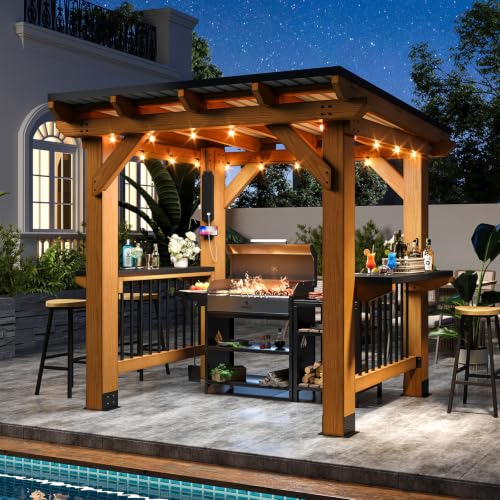 Image of Aoxun 8' x 5' Cedar Wood Grill Gazebo with Weather-Resistant Power Strip | Hardtop BBQ Gazebo, Permanent Wooden Pavilion with Sloped Galvanized Steel Roof and Bar Tops for Backyard, Patio
