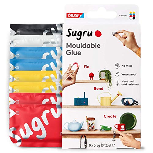 Sugru Moldable Multi-Purpose Glue for Creative Fixing and Making, 8-Pack, Black, White, Red, Yellow & Blue, 8 Piece