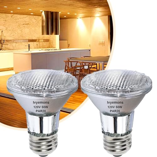 Ivyemons Halogen PAR20 50W 120V 600LM, 2 Pack High Output PAR20 Halogen Dimmable 2800K Warm White, E26 Long Lifespan 50 Watt Flood Light Bulb with CRI100 for Recessed Lighting & Hood Range Light Bulb