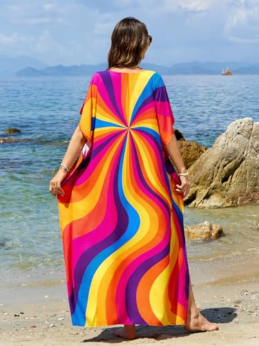 Image of sunforyou Kaftan Dresses for Women Plus Size Lightweight Swimsuit Cover up Batwing Sleeve Print Loungewear Beach Robe