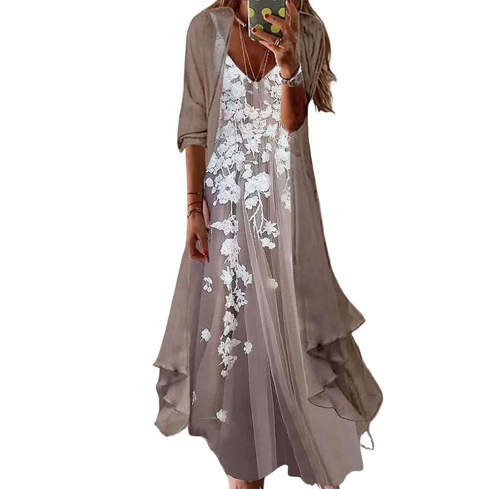 Guteidee Womens Casual Two-Piece Set Floral Print Maxi Dress with Cardigan Irregular Hem Chiffon Loose Wedding Guest Dresses