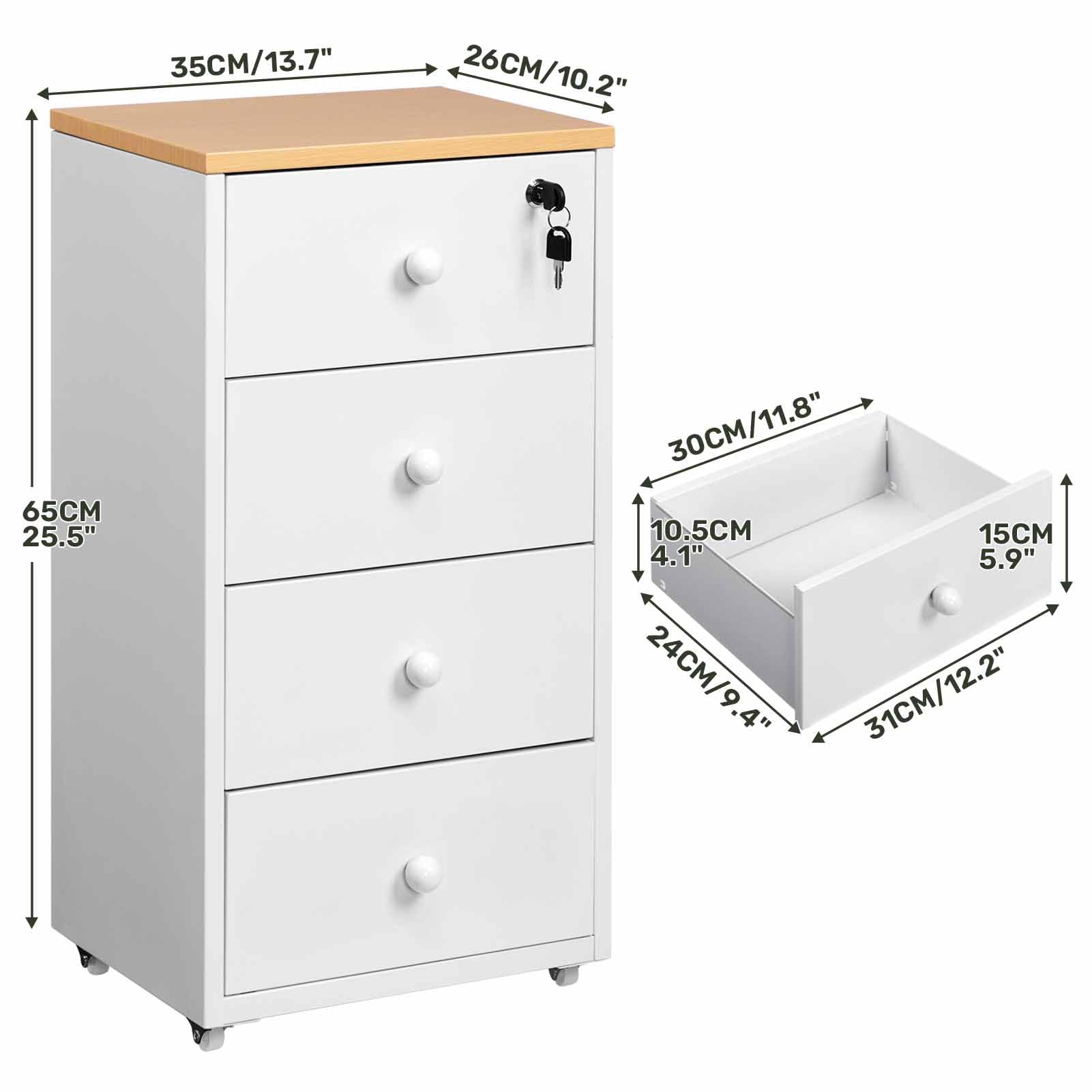 HollyHOME Archivadores Móviles, Archivador de 4 Cajones con Cerradura, Armario de Almacenamiento de Metal Bajo el Escritorio con Ruedas para Oficina en Casa Tamaño A4 Carta, Blanco