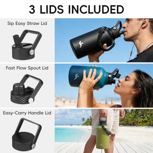 Image of Konokyo Insulated Water Bottle with Straw,50 oz 3 Lids Water Jug with Carrying Bag,Paracord Handle,Double Wall Vacuum Stainless Steel Metal Flask,Gum