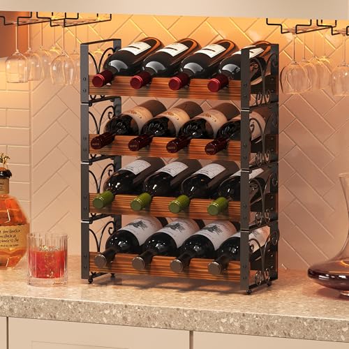 X-cosrack Wine Rack Freestanding Floor with Patent Design, Wooden & Metal Wine Bottle Holder, 4 Tier...