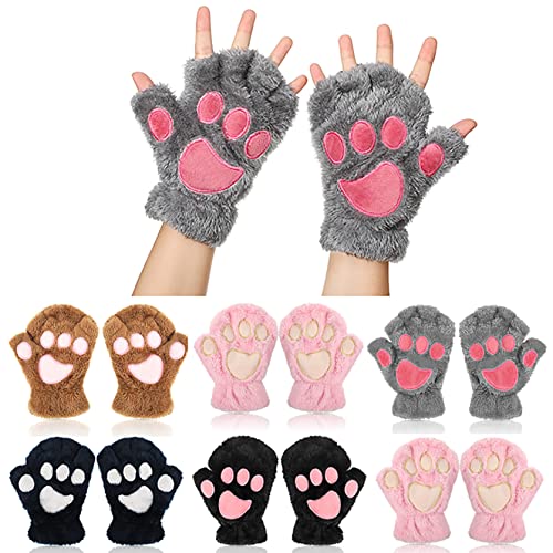 6 Pairs Cat Paw Gloves Fingerless Faux Fur Plush Gloves Mittens Winter Warm Half Finger Gloves Cute Cat Paw Cosplay Gloves Fuzzy Plush Gloves for Women Girls (black, Grey, Pink, Brown, Navy)