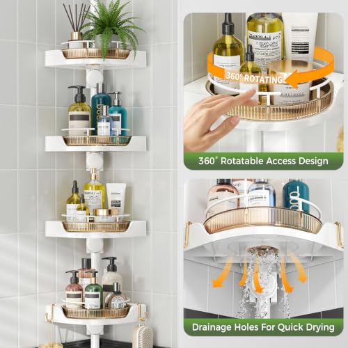 Image of akinbas 360 Rotating Shower Caddy Tension Pole with 4-Tier Rustproof Lazy Susan 35-128 Inch No Drilling Coner Shelves Adjustable Shower Rack for Bathroom Bathtub Washbasin Plant Storage (White+Gold)
