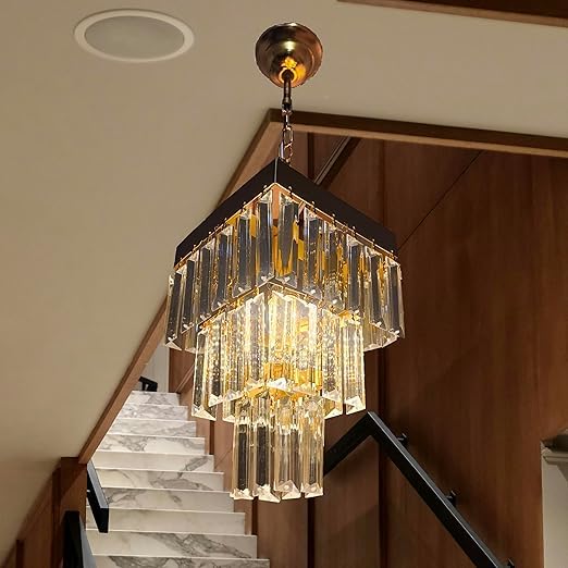 Image of Square Shaped 9 Inches Modern Crystal Chandelier, Jhumar for Home Decoration, Chandelier for Hall /Balcony /Living Room /Bedroom, Ceiling Hanging Lights, Golden (Bulb Included)
