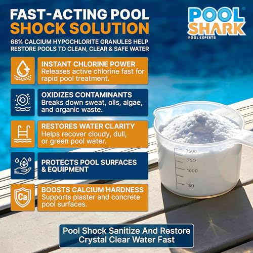 Image of POOL SHARK 68% Calcium Hypochlorite Pool Shock | 25 lb Bucket Chlorine Granules | Pool Shock Treatment for Swimming Pools | Inground & Above Ground Pool Cleaning, Fast-Acting Chlorine Shock