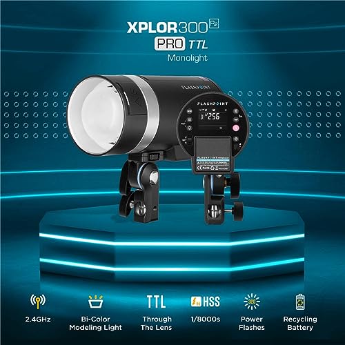 Flashpoint XPLOR 300 Pro TTL R2 Battery-Powered Portable Monolight for Strobe Light Photography, 300Ws, 2.4G HSS 1/8000 2600mAh Li-ion Battery, 0.01-1.5s Recycle Time, 5600+/-200K, LED Modeling Light