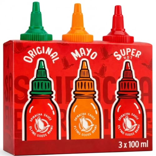FLYING GOOSE Sriracha scharfe Chilisaucen Mischkarton in 3 Geschmacksrichtungen, ideal zum Verschenken, Würzsaucen aus Thailand zum Würzen, Dippen und Verfeinern, 3 x 100 ml Multipackung