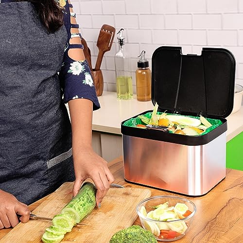 Belle Vous Kitchen Food Waste/Compost Bin - 4.3L / 1.14gal Kitchen Countertop Caddy - 25 x 17cm/9.84 x 6.69 Inches - Black/Silver Plastic and Stainless Steel Compost/Waste Container with Lid - Image 6
