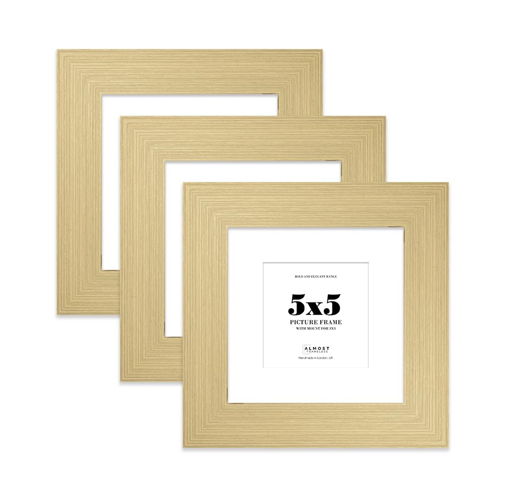 5x5" Gold Square Frame With Mount for 3x3" Pictures 28mm Edge Frame Display with Wall Hooks and Kickstand, 3 Pack