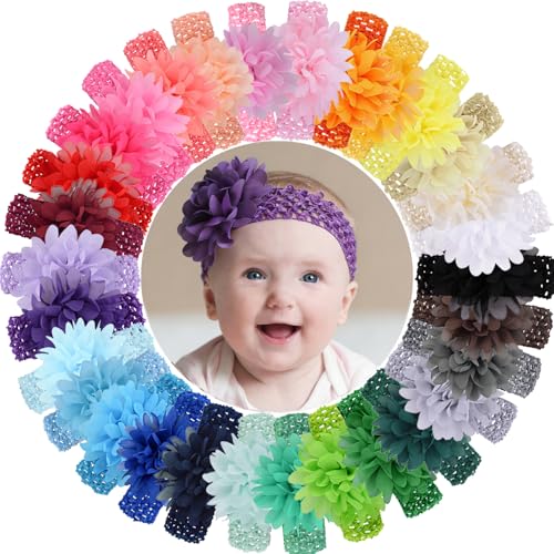 Image of WillingTee 30pcs Baby Girls Headbands Chiffon Flower Soft Stretchy Hair Band Hair Accessories for Baby Girls Newborns Infants Toddlers and Kids