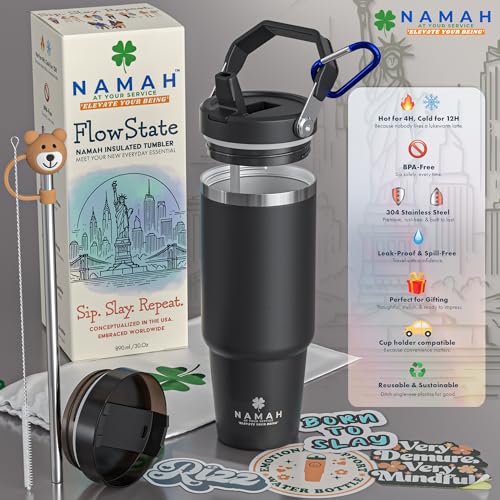 Image of Namah 890ml Insulated Tumbler with Straw, Lid & Top Handel, Leak Proof Stainless Steel Sipper Bottle, Insulated Tumbler Bottle for Hot & Cold Drinks, Travel Mug for Office, Gym, Car Cup Holder
