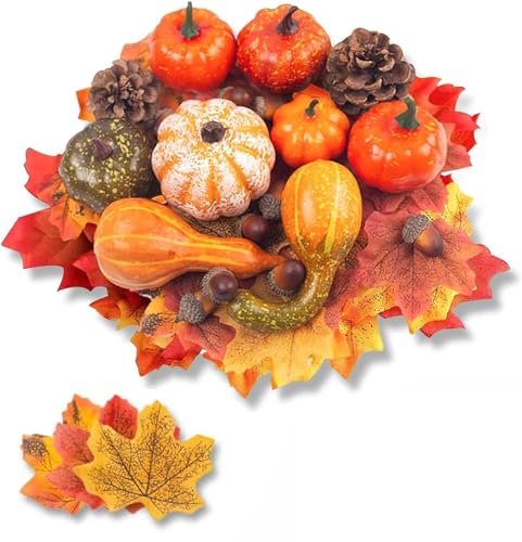 DomeStar 50 PCS Thanksgiving Artificial Pumpkins and Gourds Set Fall Decorations for Home, 8 PCS Fake Pumpkins, 12 PCS Pinecones and Acorns, 30 PCS Fake Maple Leaves Fall Wedding Tables Centerpieces