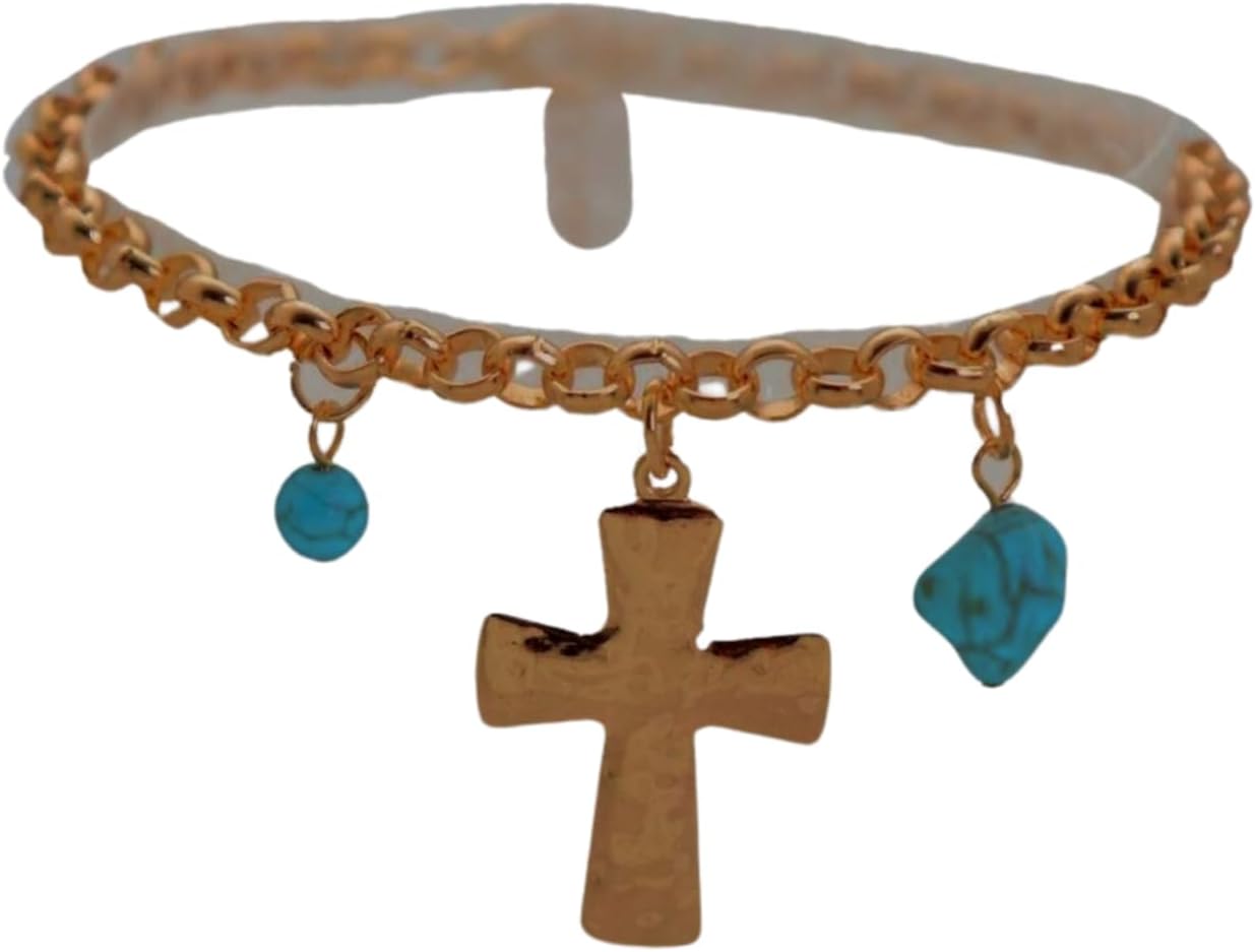 TrendyFashionJewelry Gold Tone Boot Jewelry Chain Pair, Cross Charm With Turquoise Style Beads, Adjustable 11-15 In, Statement Footwear Accessory, BC255