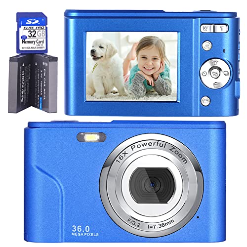 Digital Camera, FHD 1080P 36.0 MP Kids Digital Camera, Vlogging Video Camera, Rechargeable Portable Camera with 32G SD Card,16X Digital Zoom,LCD Screen for Students Teens Beginners