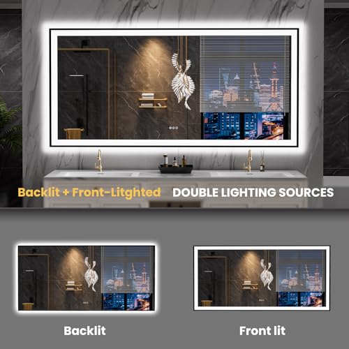 LOAAO 84"X40" LED Bathroom Mirror Black Framed, Anti-Fog, Dimmable, Lighted Bathroom Vanity Mirror for Wall, Memory Function, Tempered Glass