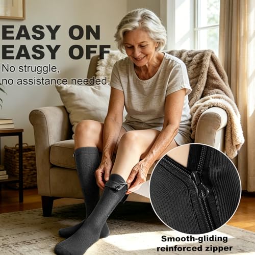 Image of CASMON 2 Pairs Zipper Compression Socks for Women & Men,15-20 mmHg Closed Toe Knee High Support Sock for Varicose Vein Edema
