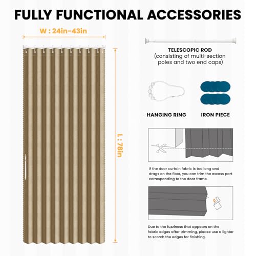 Image of AJAZZ Blackout Door Curtains with Curtain Rods 28-39 in Length Magnetic Door Curtain Blackout Curtains for Bedroom, Doorway Curtain Sets (1 Panel, 43 W x 78 L, Brown)