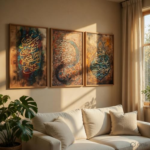 Image of Livin'luxe Islamic Calligraphy Wall Painting Set of 3 with Wooden color Frames | Arabic Quranic Calligraphy Islamic Wall Art | HD Sparkle Printed MDF Wall Decor for Living Room, Bedroom & Prayer Room