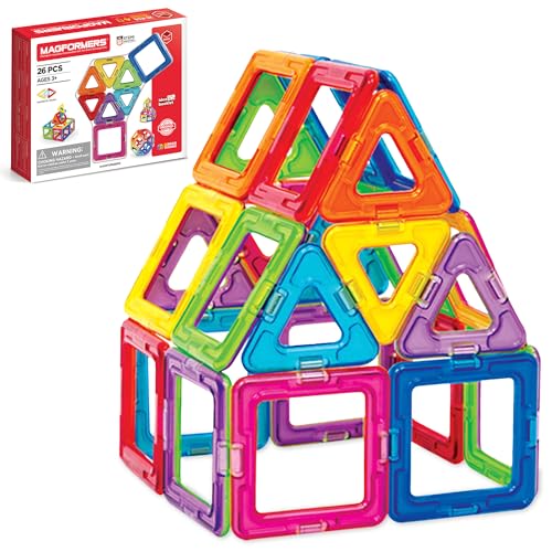 Magformers 701004 Construction (26-Piece) -STEM Toy Authentic Used in Schools to Teach Maths and Geometry. Rainbow-Coloured Squares and Triangles with Rotating Magnets
