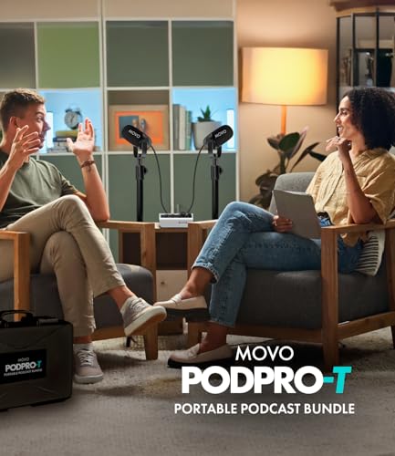 Image of Movo Portable Podcast Equipment Bundle for iPhone /Android Phones- Podcast Kit with Audio Interface, 2 CastMic Dynamic Mics, 2 Stands - For Smartphones, Computers (with Desk Stands)