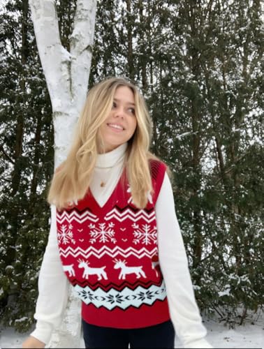 Image of JULYCLO Christmas Sweater Vest Women Ugly Xmas Reindeer Knit Sweaters Casual Santa Snowflake V Neck Sleeveless Outwear Tops