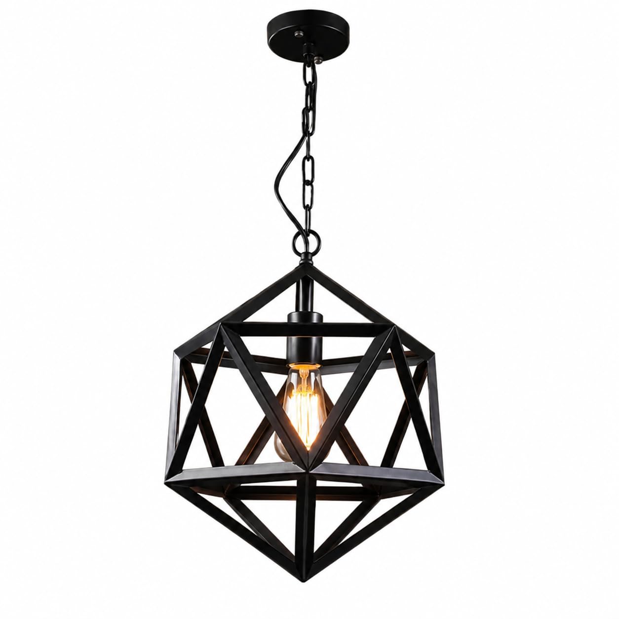Czarne geometryczne zawieszenie z regulowanym łańcuchem, trzonek E26 | Czarna lampa wisząca z otwartą klatką geometryczną i regulowanym łańcuchem, idealna do jadalni.