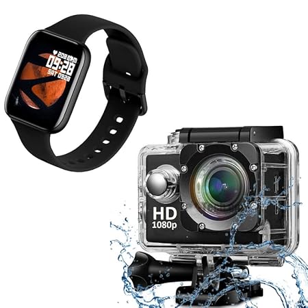 Exxelo { Summer 12 Years Warranty ) Waterpoof Action Camera 1080P 12MP Sports Camera Full HD 2.0 Inch with Waterproof Smart Watch - Black