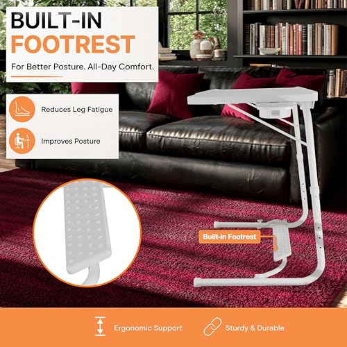 Image of amazon basics Executive | Lounge Mate Executive | Height Adjustable Laptop Table | Adjustable Table Angle | Cupholder | Footrest | Carbon Steel | Dove White | 75 cm - H, 55 cm - L, 40 cm - W