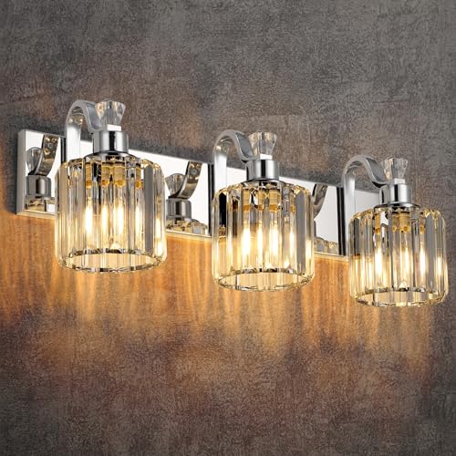 Image of GAOMON LED Modern Crystal Bathroom Vanity Lights Over Mirror, Chrome Bathroom Light Fixtures Wall Light (3-Light)