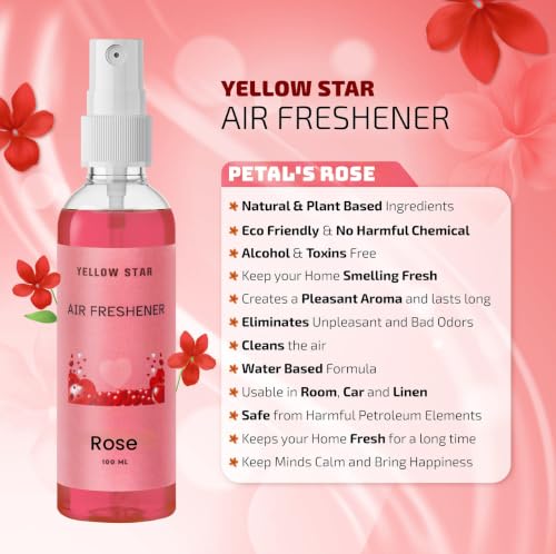 Image of YELLOW STAR Room Air Freshener Spray, Rose Fragrance (100ml) | Long Lasting Premium Rose Room Freshener for Home & Living Room | Odour Neutralizer