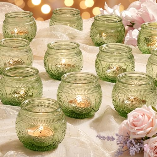 LAMORGIFT 12 Pcs Green Candle Holder-Floral Style Vintage Candle Holders for Wedding Table Centerpieces Bridal Shower Decor Rustic Wedding Decor Tea Party