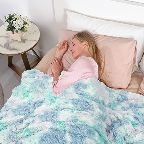 Tuddrom US013 Decorative Extra Soft Faux Fur Blanket Twin Size,Solid Reversible Fuzzy Lightweight Long Hair Shaggy Blanket,Fluffy Plush Fleece Comfy Microfiber Throw Blanket For Couch Sofa Bed,Tie Dye Blue thumb #2