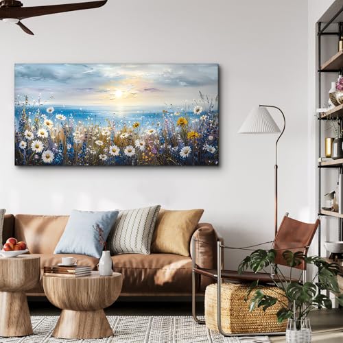 crmotu Coastal Beach Scenery Wall Art, Daisy Wildflower Large Botanical Prints, Seaside Sunset Landscape Canvas Painting, Floral Modern Wall Decor Living Room Bedroom Home Office Artwork 24X48 In