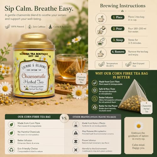 Image of Sancha Tea Boutique Chamomile Herbal Infusion | 25 Pyramid Tea Bags | 100% Caffeine-Free | Single-Origin India | Bedtime & Relaxation Tea | No Artificial Flavours | Elegant Tin Caddy