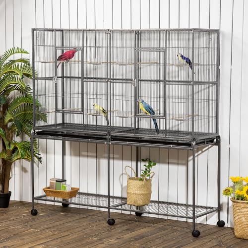 PawHut-65-Double-Rolling-Metal-Bird-Cage-Feeder-with-Detachable-Rolling-Stand-Storage-Shelf-Wood-Perch-Food-Container
