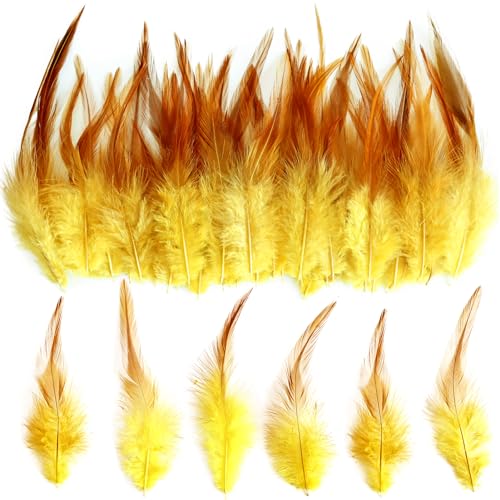 THARAHT 200pcs Yellow Saddle Hackle Rooster Feather Loose Bulk 5-7 inch 12-17cm for DIY Dream Catcher Decoration Natural Saddle Hackle Rooster Feather