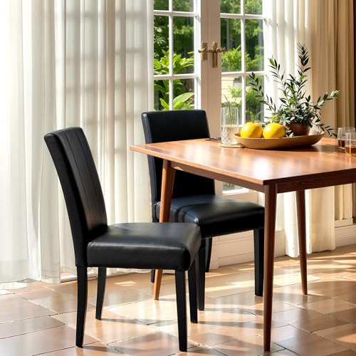 Image of CHUN YI Dining Chairs Set of 2, Faux Leather Dining Room Chairs, Upholstered Modern Kitchen Parsons Chairs for Dining Room with Sturdy Wood Legs, Black