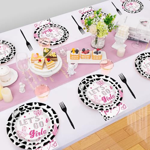 Image of Grencian 96Pcs Last Rodeo Bachelorette Party Decorations,Serves 24 | Pink Silver Disco Cowgirl Plates Napkins Let's Go Girls Tableware Set for Nashville Western Bridal Baby Shower Bday Supplies